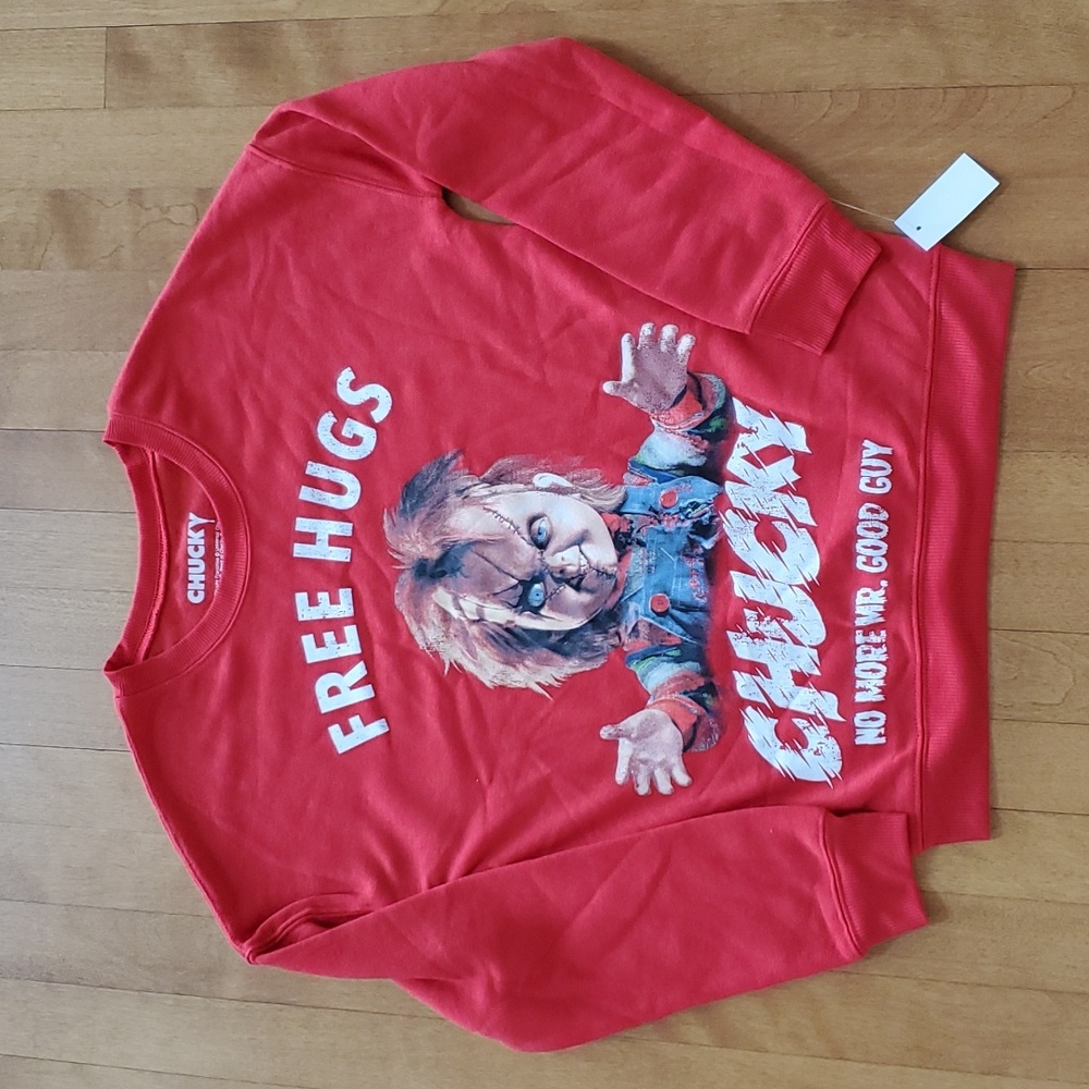 Womens Hybrid Chucky "Free Hugs" Red Sweatshirt Size XS Med Halloween Movie NWT
